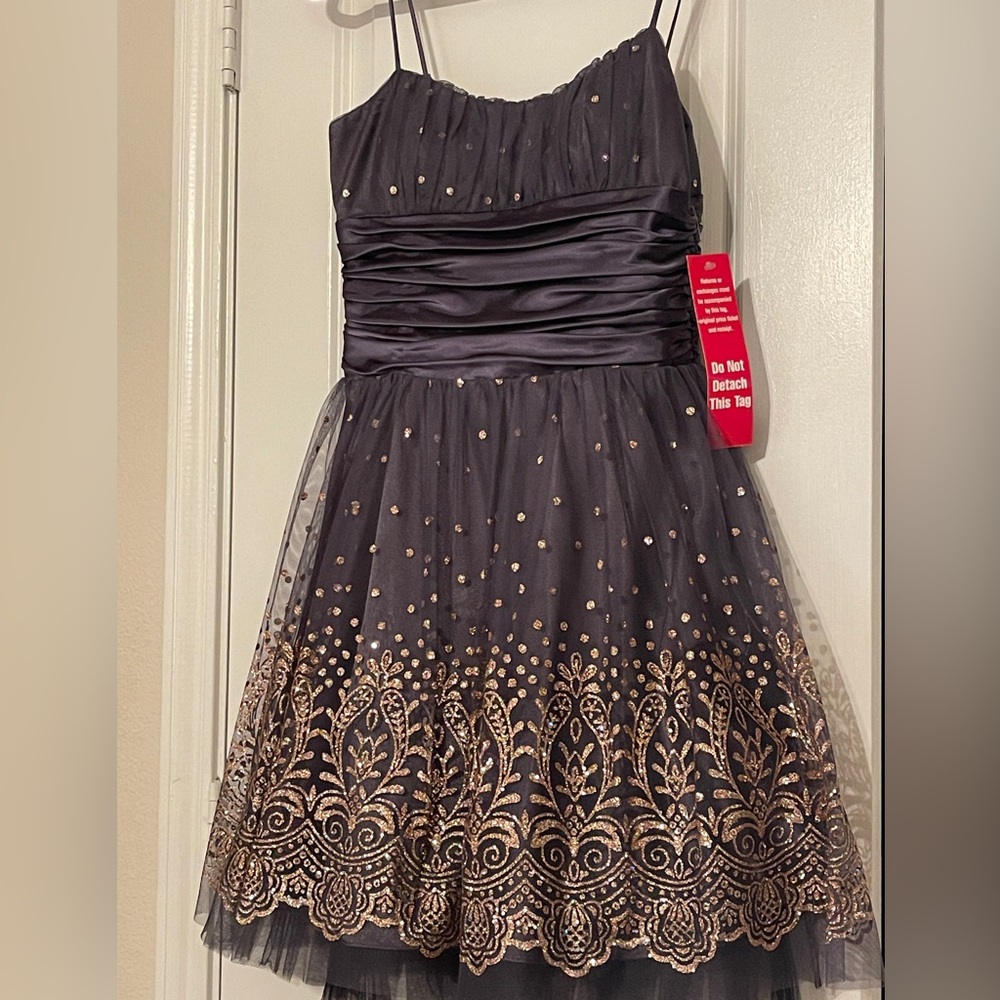 NWT Morgan & Co. Gray Embellished A-line Cocktail Dress